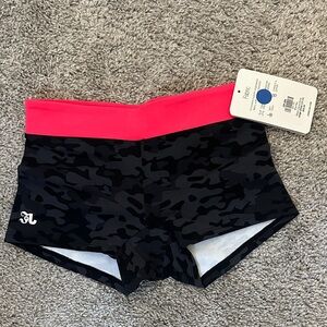 Black Camo Women's Athletic Shorts with Pink Waistband